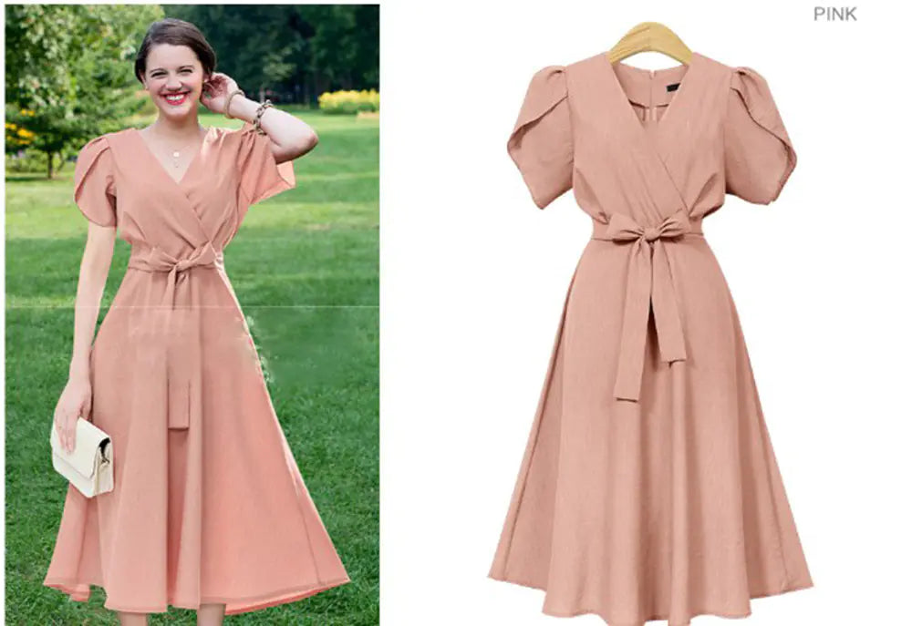 Plus Size Women's Summer Dresses with V-Neck and Short Sleeves