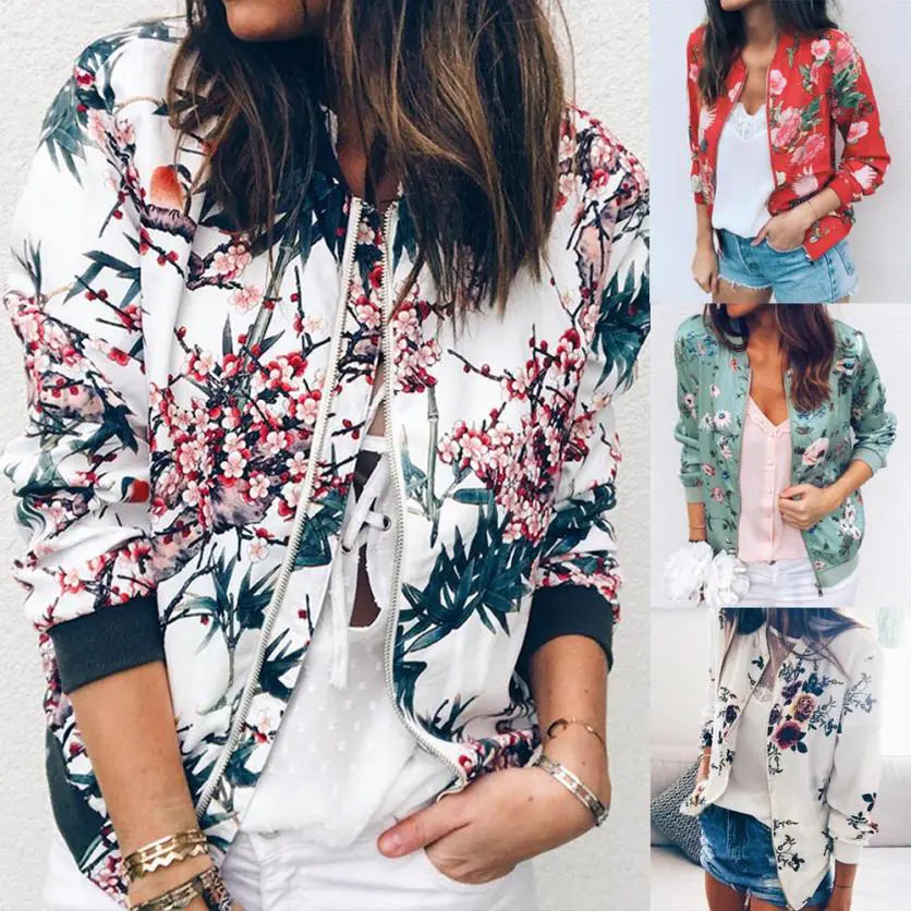 Fashion Floral Print Zip Long Sleeve Jacket (Autumn/Winter)