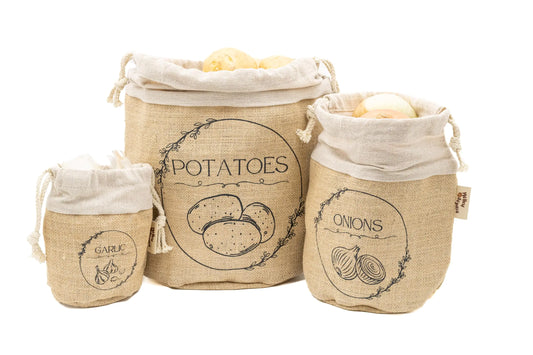 Potato Storage Bag | Natural Jute Potato Onion Garlic Storage Set for Pantry | Breathable & Fresh Onion Potato Storage | Easy to Clean Potato and Onion Storage Bag | Air Flow Light Blocking