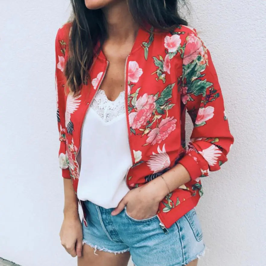 Fashion Floral Print Zip Long Sleeve Jacket (Autumn/Winter)